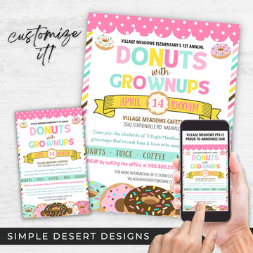 cute colorful donuts with grownups flyer in half sheet full sheet and digital on cell phone
